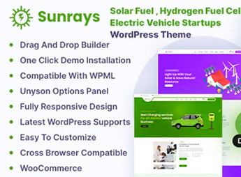 Sunrays – Solar Fuel, Hydrogen Fuel Cell, Electric Vehicle Startups WordPress Theme