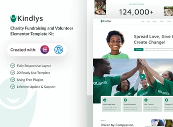 Kindlys – Charity Fundraising & Volunteer Elementor Template Kit